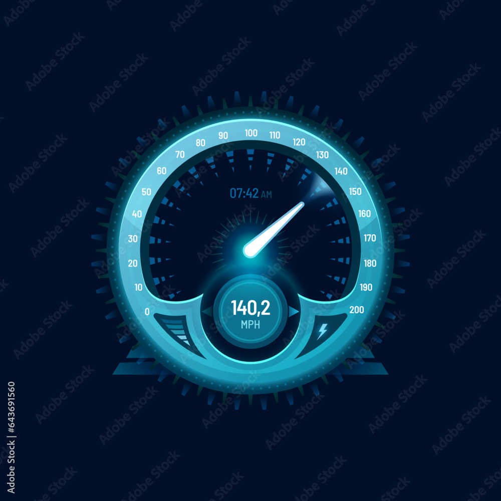 Aufkleber speedometer neon dial, car speed gauge dashboard, futuristic counter interface. auto speedometer ind