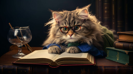 CAT WEARING GLASSES  WITH BOOKS