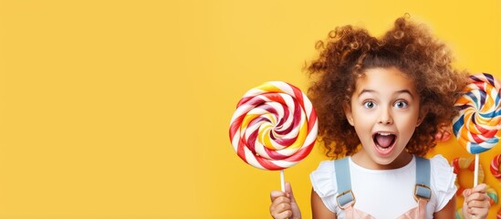 Teenage girl holding lollipops in a candy store with empty space for advertisement