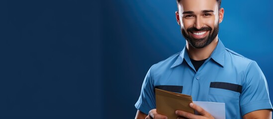 Smiling young man celebrates National Postal Worker Day giving mail with appreciation against blue background