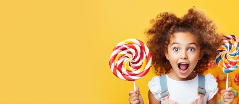 Naklejki Teenage girl holding lollipops in a candy store with empty space for advertisement