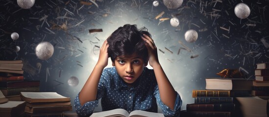 Composite image of concerned Indian boy studying with national stress awareness day message copy space promote stress reduction increase awareness provide support manage stress