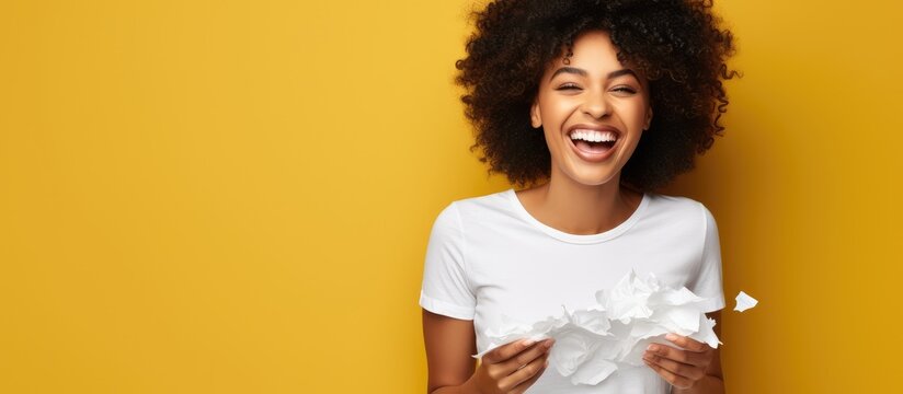 Curly haired African American woman with positive expression pointing at torn paper showing a cool ad wearing black t shirt isolated on yellow background