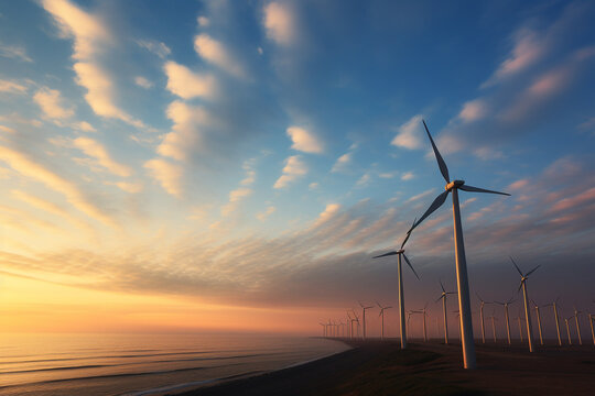 wind turbine farm with sea ,sunset and sky.Renewable energy concept .Created with Generative AI technology.