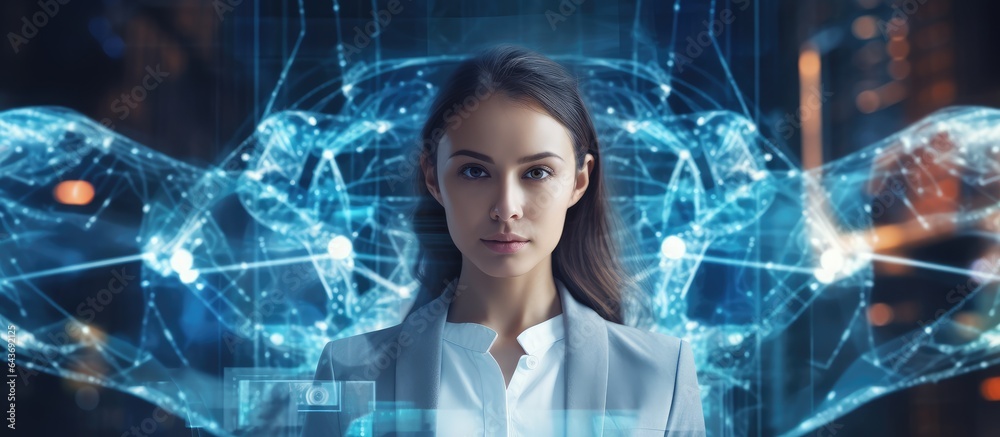 Aufkleber young european businesswoman focused holding laptop with immersive web 3 0 interface and blockchain 