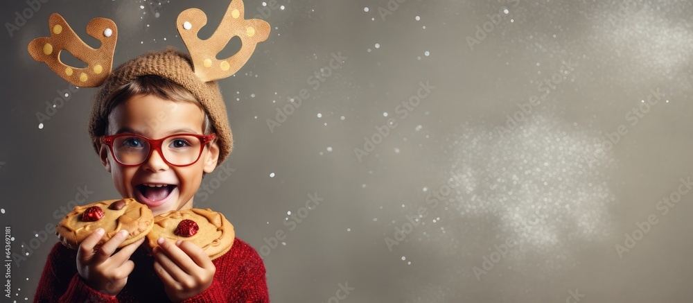 Aufkleber little boy with reindeer horns and cookies on bright background with text space