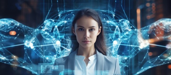 Young European businesswoman focused holding laptop with immersive web 3 0 interface and blockchain concept New generation internet copy space available