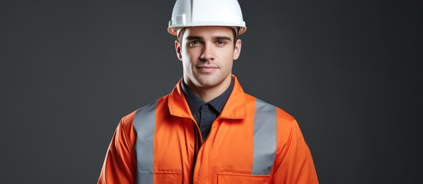 Composite image of a confident young male architect in workwear with copy space He is portrayed against a gray background emphasizing safety and protection