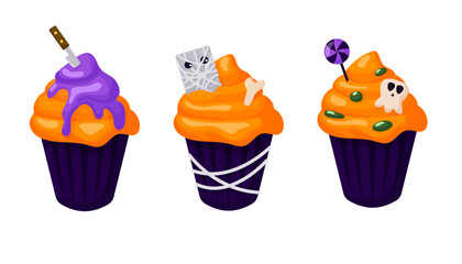 Happy Halloween cupcakes set in cartoon style. Spooky decorated muffins, scary sweets. Vector illustration isolated on a white background.