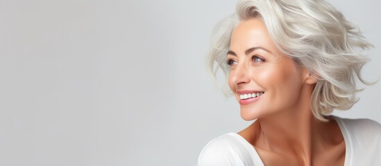 Middle aged woman with blonde hair and natural makeup in a white studio - obrazy, fototapety, plakaty
