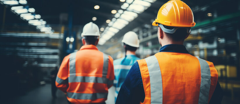 Composite image of workers in a factory discussing safety and wearing protective workwear during National Safety Month - Powered by Adobe