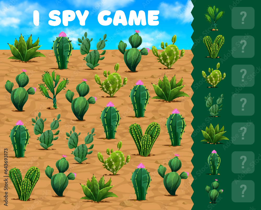 Poster i spy game worksheet. mexican prickly cactus succulents. calculation game, object finding child play