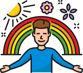 Euphoria psychological disorder problem, mental health. Isolated vector thin line icon. Symbol of ecstasy and bliss, capturing the essence of pure joy and excitement, happy man with sun and rainbow