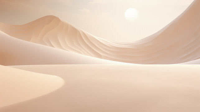 A surreal desert landscape with sand dunes. The sand dunes are in a wave-like pattern with smooth curves. The sky is a light peach color with a white sun in the top right corner. Peaceful and serene. © Andrey