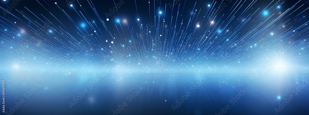 Wall mural abstract blue glowing background with lines extending into the horizon and a bokeh effect.