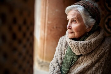 Photography in the style of pensive portraiture of a satisfied old woman wearing a warm wool sweater at the alhambra in granada spain. With generative AI technology - obrazy, fototapety, plakaty