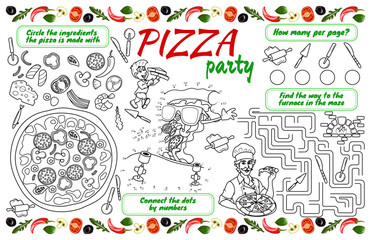 Festive placemat for children with tasks. Printable activity sheet "Pizza Party" with maze, connect the dots and coloring book. 17x11 inch printable vector file