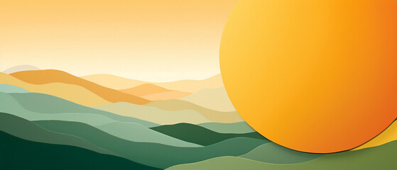 Kolorowe tło 3d z falistych warstw - kolory pomarańczowy, zielony i żółty. Wielkie koło - słońce.  - obrazy, fototapety, plakaty