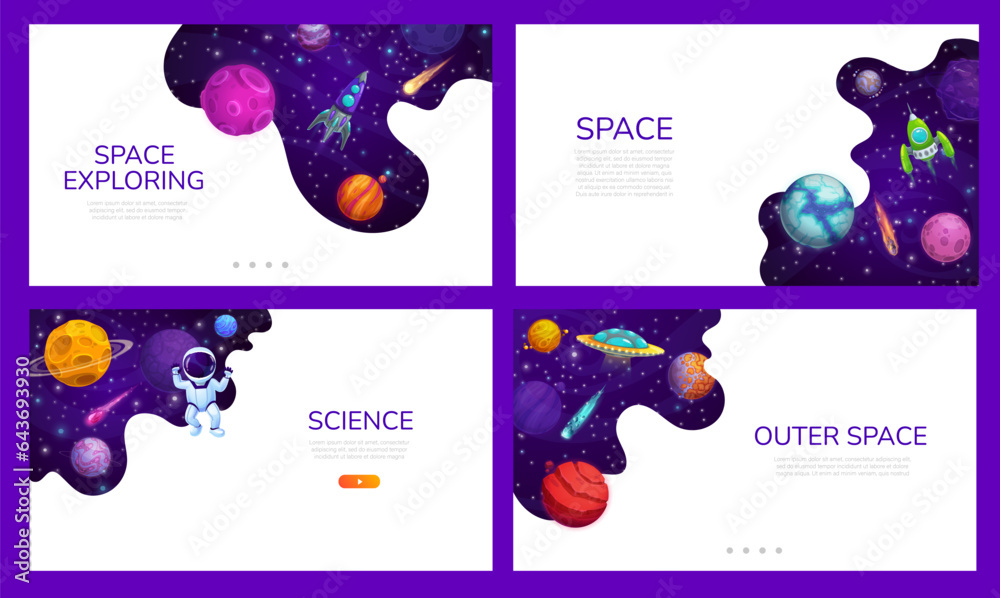 Aufkleber landing page space. cartoon galaxy space planets landscape. company landing page template, business 