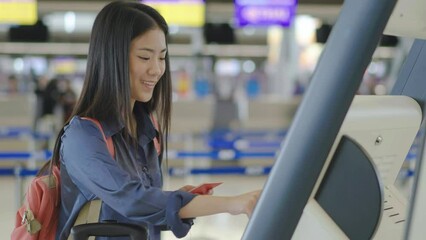 Portrait Happy Traveling Young Beautiful Asian Woman With Passport And Tickets, Check in at counter in the airport terminal, female tourist passenger feel happy and excited to go travel, slow motion