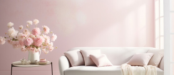 Jasny salon z dużym oknem i wpadającym światłem w kolorze pudrowego różu. Sofa i ściana. Miejsce na prezentację produktu - obraz, mockup. 