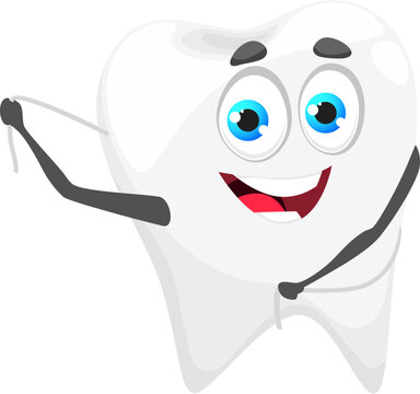 Cartoon tooth cute character with dental floss. Dental care and dentistry practice, oral hygiene cute vector personage. Teeth enamel health, molar tooth cheerful comical character cleaning with floss