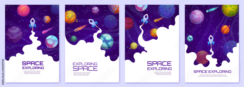 Poster landing page space. cartoon space planets, stars and rockets. startup launch web site background, co