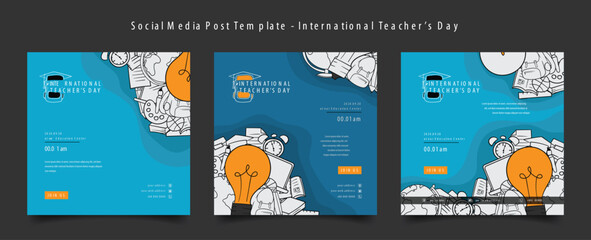 Social media post template with learning tools in doodle art design for international teacher's day