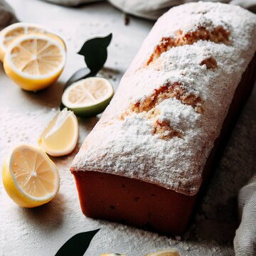 Loaf of gluten free lemon cake with sugar powder, pieces of lemon, green leaves