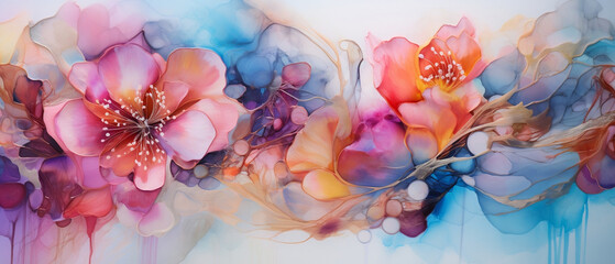 Kolorowe kwiaty - piękne tło 3d, malowane farbami i atramentem alkoholowym. - obrazy, fototapety, plakaty