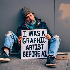 Image of a poor homeless person laying on the ground hold a sign that says - I was a graphic artist before AI