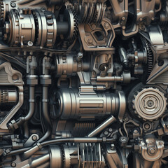 An illustration of a seamless tile pattern inside the mechanical engine. Mechanical details of working and moving parts. Gears and cogwheels.