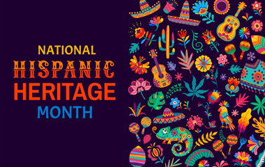 National Hispanic Heritage Month banner. Latin America culture ethnic holiday poster, Hispanic Heritage Month celebration or vector flyer with chameleon, flowers, musical instruments and sombrero