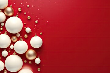A festive display of white and gold ornaments on a vibrant red background