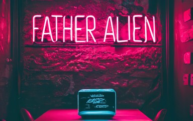 A neon sign with the writing Father Alien in the space and spaceships ins the background