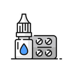 Allergy or disease treatment medicines color line icon. Allergy, respiratory disease or virus infection treatment, medicines and drugs intolerance outline vector symbol with nasal drops, pills blister