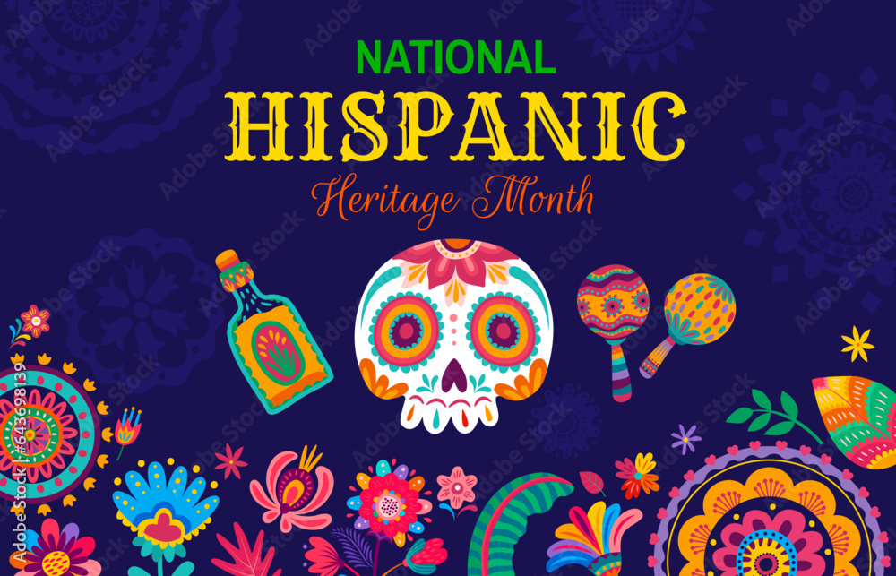 Wall mural national hispanic heritage month banner with flowers, maracas and calavera sugar skull. mexican and 