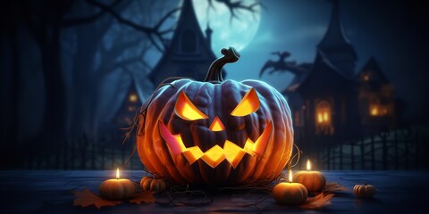 Dark Halloween night is illuminated by glowing pumpkin lanterns. Generative Ai.