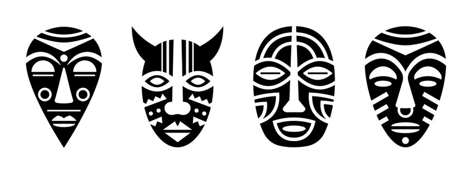 Ritual masks of shamans ands set. Voodoo face totem of african god demon for religious and traditional ceremonial vector rituals