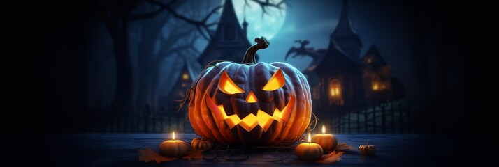 Dark Halloween night is illuminated by glowing pumpkin lanterns. Generative Ai.