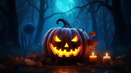 Dark Halloween night is illuminated by glowing pumpkin lanterns. Generative Ai.