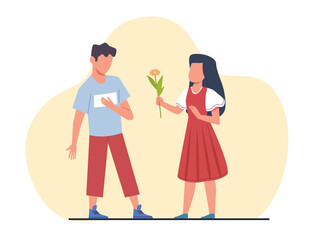 Girl gives flower to an embarrassed boy. First love. Romantic date. Teens relationship, Cute character with bouquet. Expressing congratulation. Cartoon flat isolated illustration. Vector concept