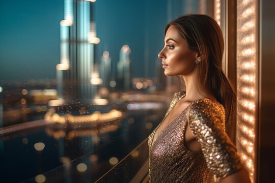 Photography in the style of pensive portraiture of a tender girl in his 30s wearing a glamorous sequin top in front of the burj khalifa in dubai uae. With generative AI technology