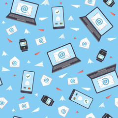 Seamless pattern with notebooks, smart watches, smartphones and letters. Technology background. electronic devices. Decor textile, wrapping paper, wallpaper design. Vector concept