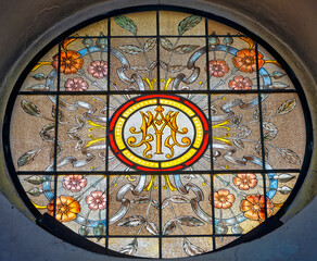 stained glass window in former fortified church Hollenthurn, Lower Austria, Austria