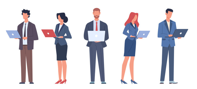 Set of businessman working holding laptops. Men and women in business suits standing and use digital device. Employee works with computers. Vector cartoon flat style isolated technology set