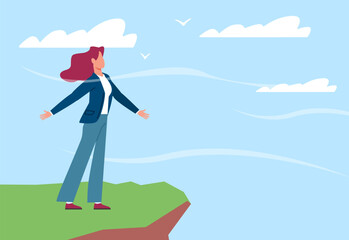 Woman stands on hilltop and breathes in fresh air and feels happy. Breathe meditation. Harmony lifestyle. Mental health. Calm character. Cartoon flat style isolated vector concept - obrazy, fototapety, plakaty