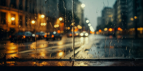City street viewed through rain covered window