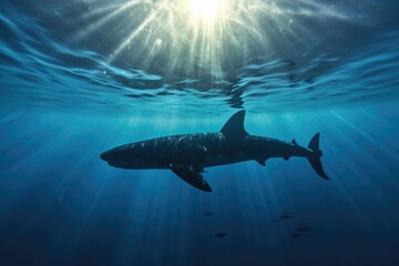 Obraz na płótnie Canvas great white shark silhouette against sunlit ocean surface