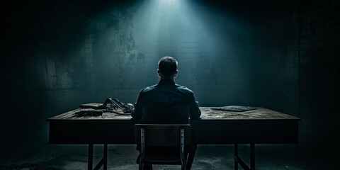 Man sitting at desk in interrogation room, looking away - obrazy, fototapety, plakaty